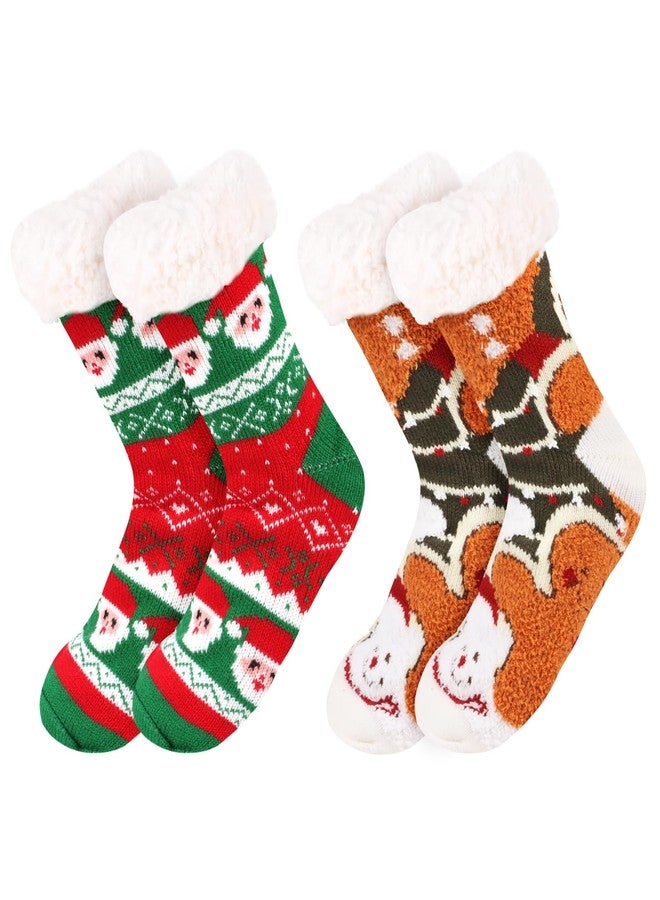 LOAVER Christmas Fuzzy Slipper Socks for Women,2 Pairs Anti Slip Fluffy Slipper Socks with Grippers for Chritsmas Holiday Gifts Party Home Decor - Image 1