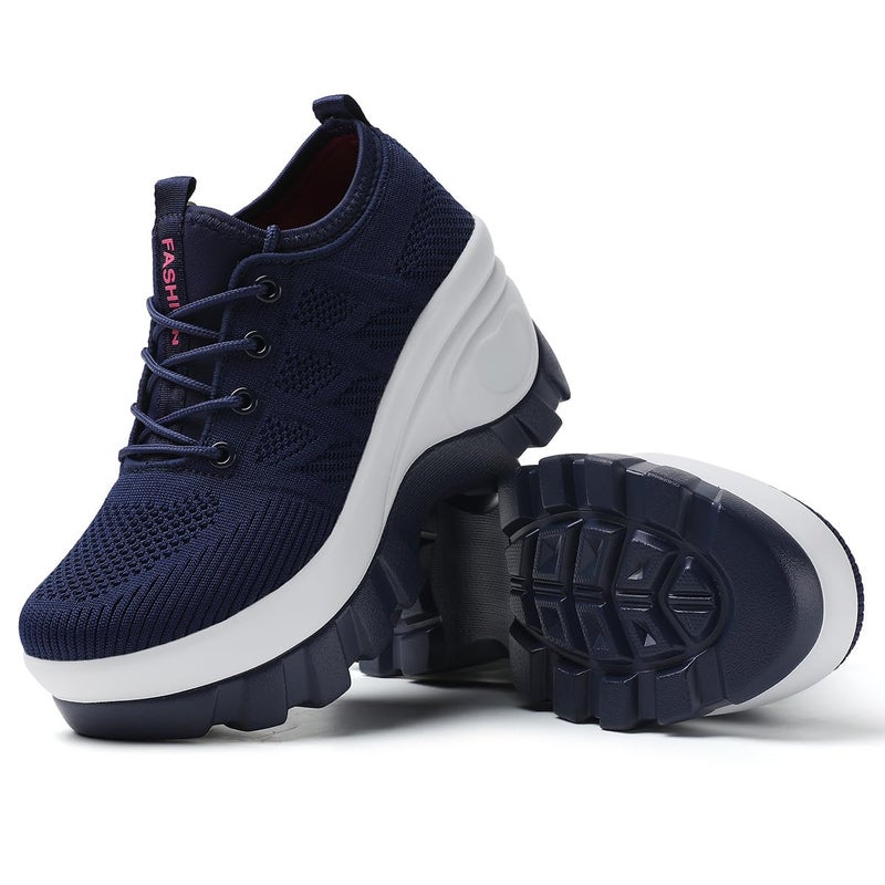 XBLDU Women's Chunky Platform Comfort Orthopedic Wedge Walking Shoes Fashion Knitted Breathable Lace Up Lug Sole Casual Non-Slip Running Shoes With Arch Support (blue, Adult, Women, 6, Numeric, US Footwear Size System, Medium) - Image 3