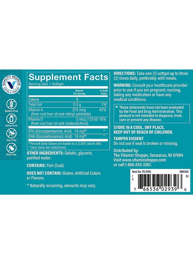 The Vitamin Shoppe Norwegian Cod Liver Oil, Natural Rich Source of Vitamins A & D, Natural Source of Omega-3s, Supports Heart & Brain Health (240 Softgels) - Image 4