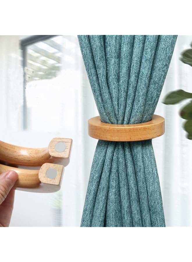The Bros 1 Pair Natural Wooden Curtain Tiebacks, Modern Classic Magnetic Curtain Holder Buckle Clips Holdback, Round Wood Furniture Accessoires for Windows Room Curtains  - Image 1