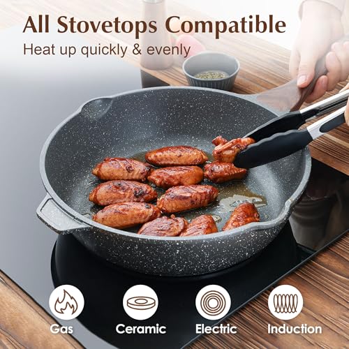 SENSARTE Nonstick Deep Frying Pan Skillet, 12-inch Saute Pan with Lid, Stay-cool Handle, Chef Pan Healthy Stone Cookware Cooking Pan, Induction Compatible, PFOA Free - Image 3