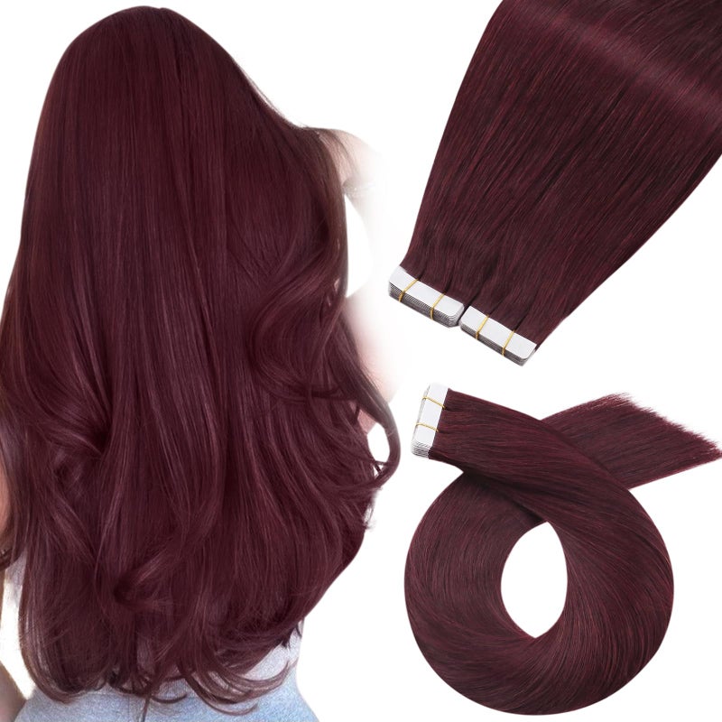 Moresoo 40 Pcs Wine Red Tape in Hair Extensions Human Hair Invisible Tape in Extensions Burgundy Hair Extensions Real Human Hair Tape in Seamless Glue in Human Hair 18 Inch 99J 100g