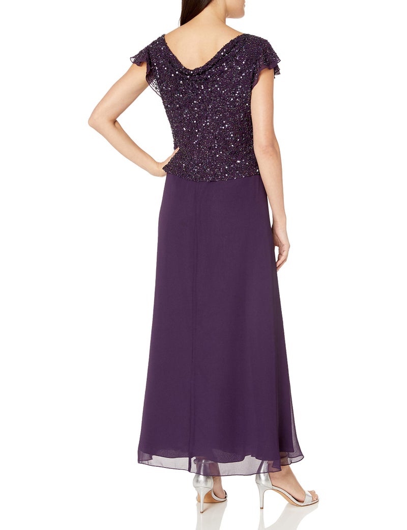 J Kara Women's Petite Petite Short Sleeve Long All Over Beaded Dress, Plum/Shaded, 14P - Image 2