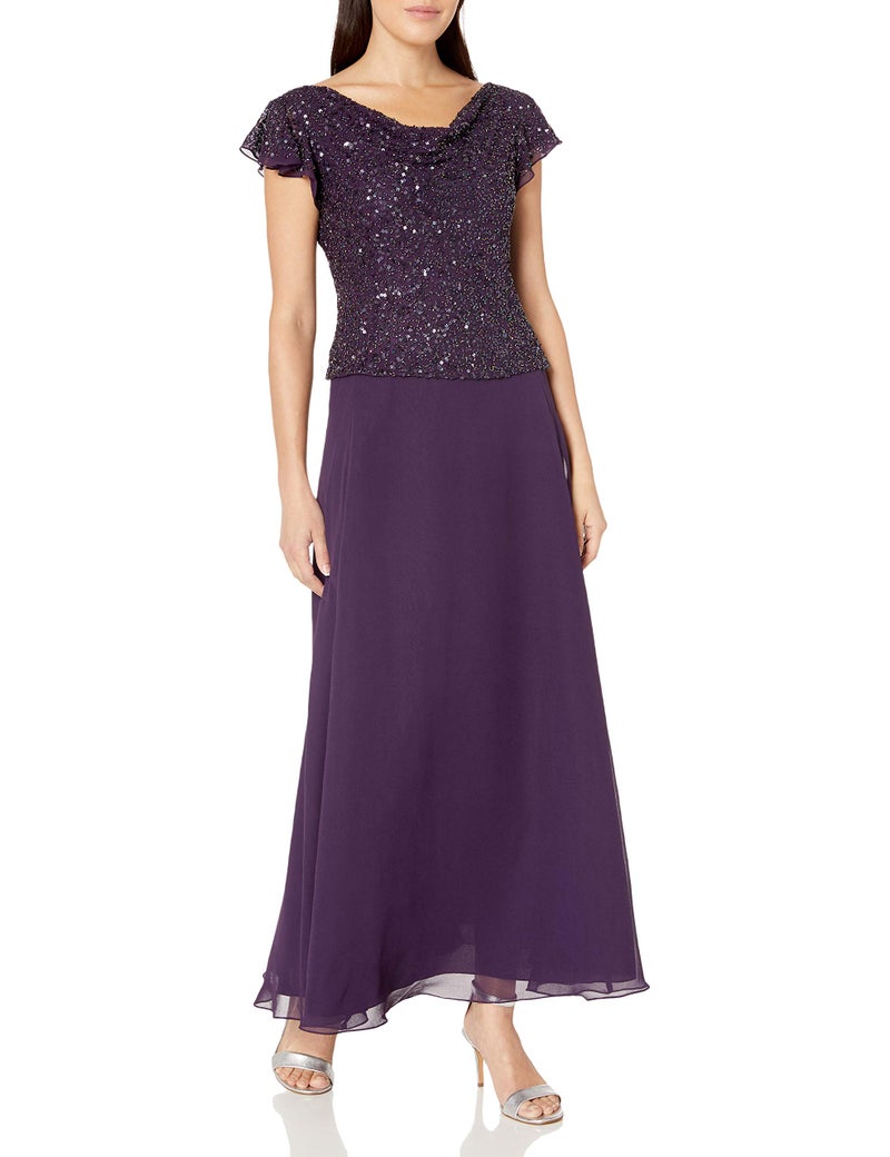 J Kara Women's Petite Petite Short Sleeve Long All Over Beaded Dress, Plum/Shaded, 14P - Image 4