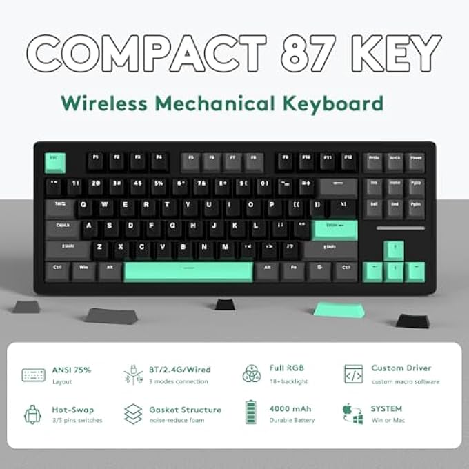 rayihni X ATTACK SHARK M87 75% WIRELESS GAMING KEYBOARD, BT5/2.4G/WIRED, 27 RGB CHROMA BACKLIT, TKL GASKET MOUNT MECHANICAL KEYBOARD WITH HOT-SWAP LINEAR SWITCH, 87 KEYS PBT KEYCAP-BLACK/GREEN - Image 2