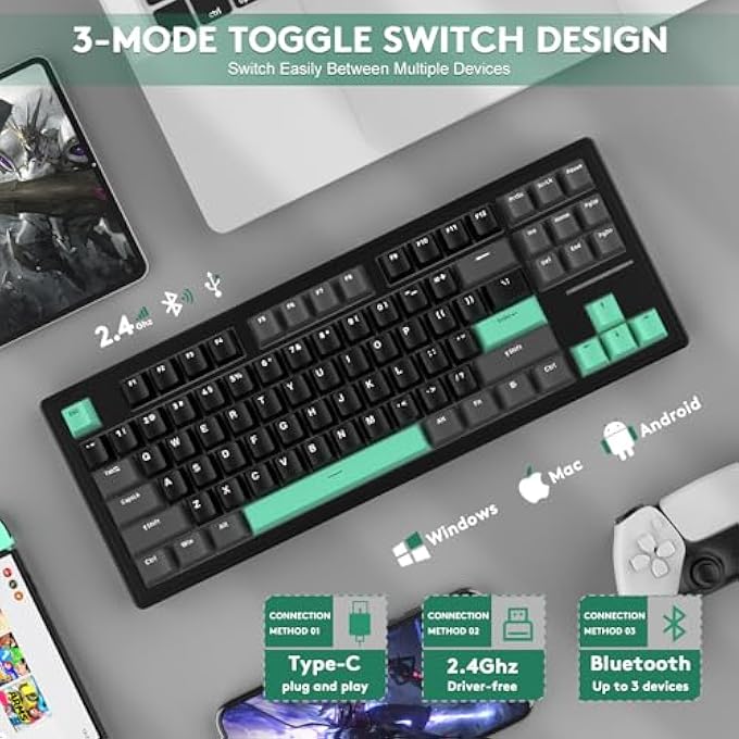 rayihni X ATTACK SHARK M87 75% WIRELESS GAMING KEYBOARD, BT5/2.4G/WIRED, 27 RGB CHROMA BACKLIT, TKL GASKET MOUNT MECHANICAL KEYBOARD WITH HOT-SWAP LINEAR SWITCH, 87 KEYS PBT KEYCAP-BLACK/GREEN - Image 3