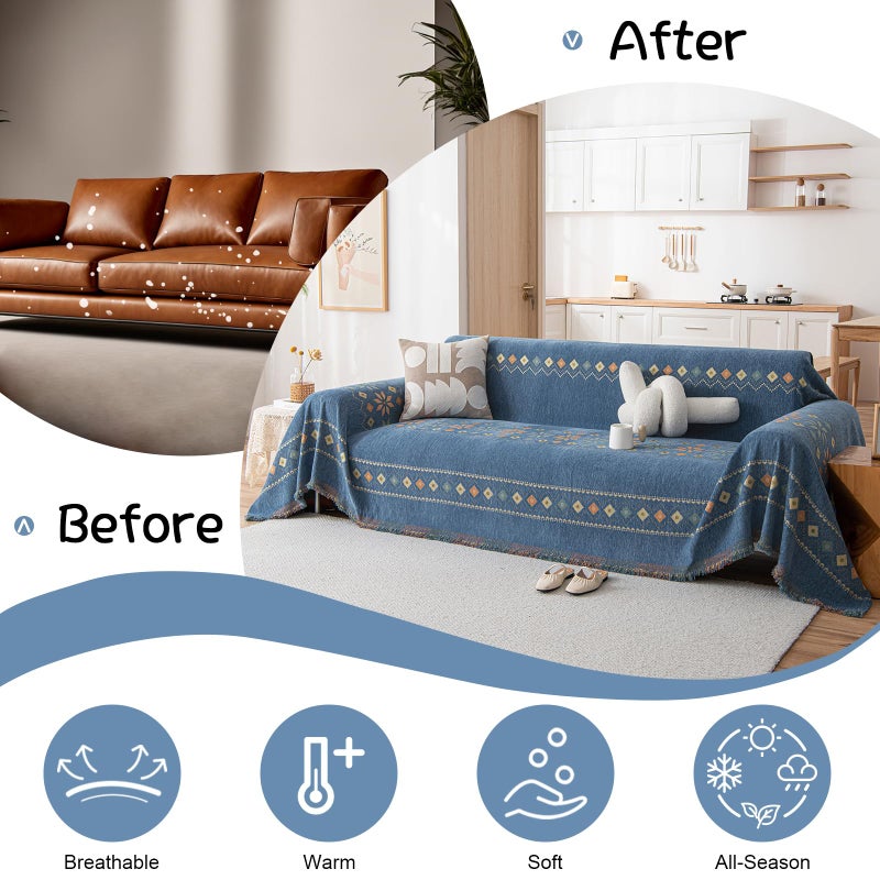 VC Life VClife Boho Couch Cover Blue Geometric Jacquard Pattern Sofa Cover, 1 Piece Large Couch Covers for 3 Cushion Couch Sofa Washable Plush Chenille Sofa Protector for Living Room, 71x134 Inch - Image 4