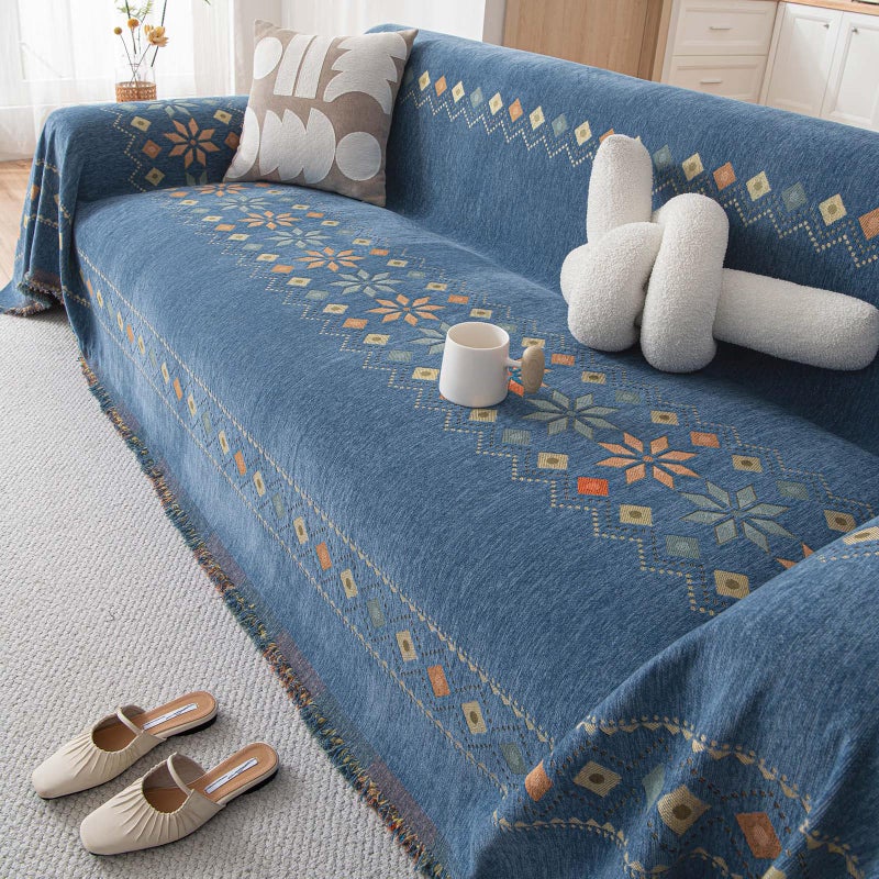 VC Life VClife Boho Couch Cover Blue Geometric Jacquard Pattern Sofa Cover, 1 Piece Large Couch Covers for 3 Cushion Couch Sofa Washable Plush Chenille Sofa Protector for Living Room, 71x134 Inch - Image 1
