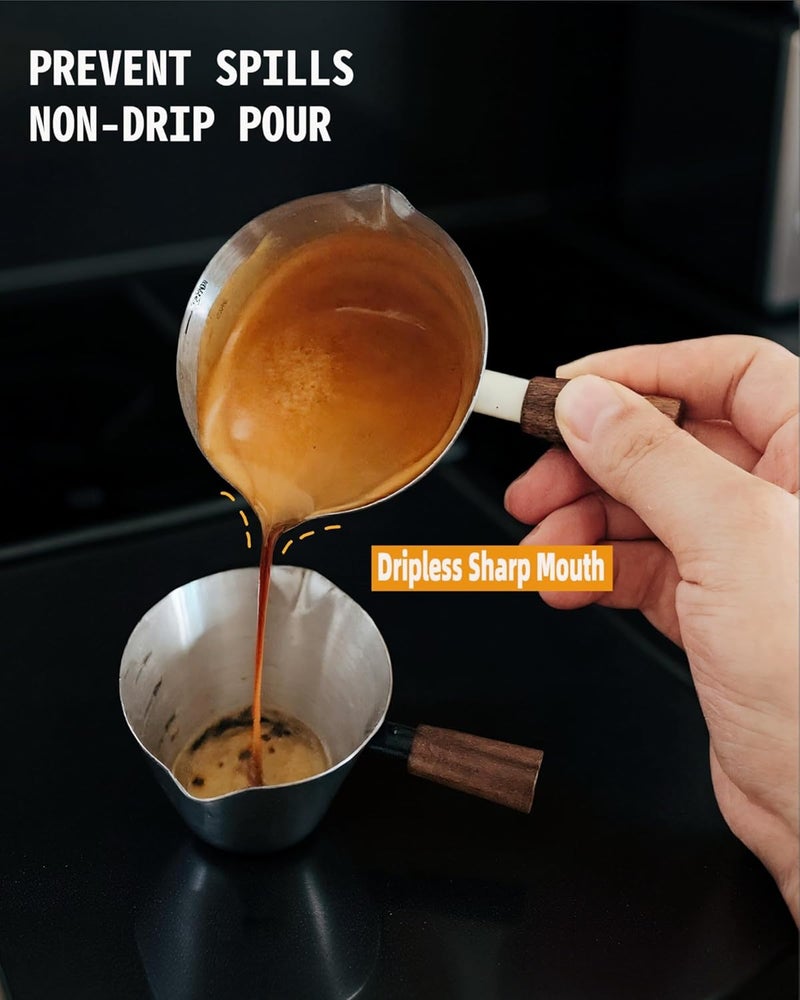 Lunaker Espresso Cups - 4OZ Espresso Shot Cup with Wooden Handle -Measuring Cup with Double Spouts - Coffee Bar Accessories, Bright Silver - Image 3