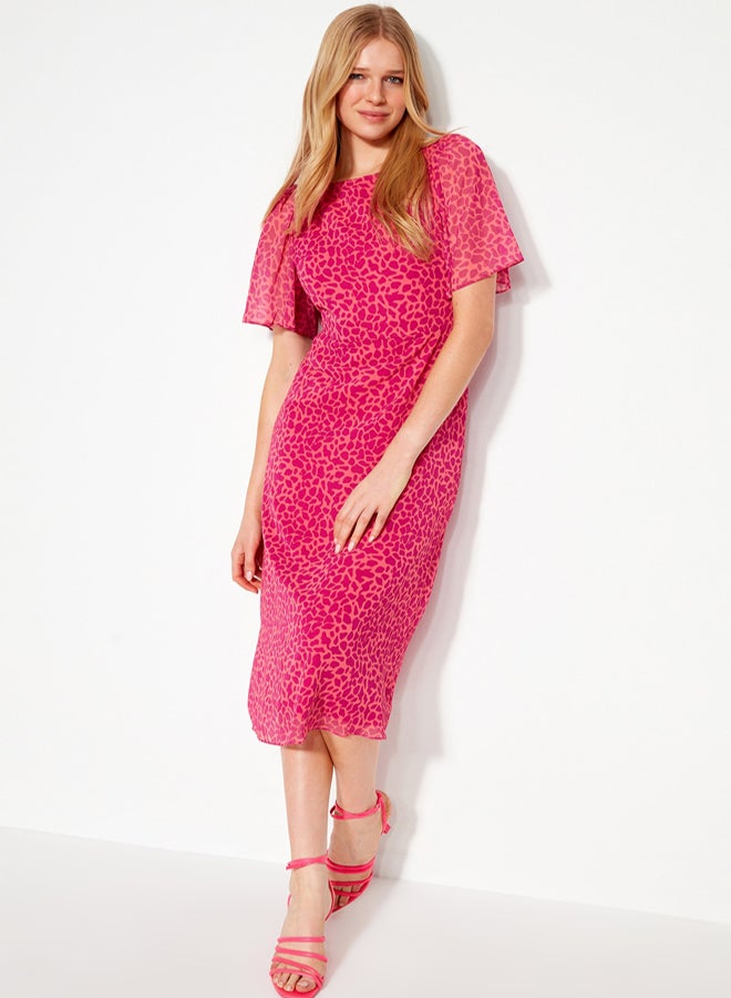 trendyol Fuchsia Animal Patterned A-Line Angel Sleeve Lined Chiffon Flowing Woven Midi Dress - Image 1
