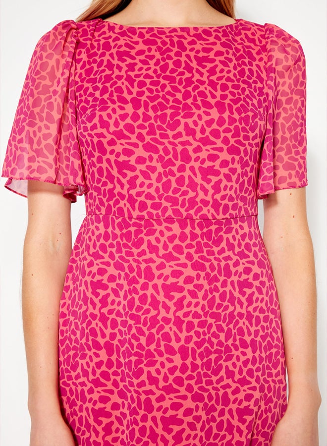 trendyol Fuchsia Animal Patterned A-Line Angel Sleeve Lined Chiffon Flowing Woven Midi Dress - Image 4