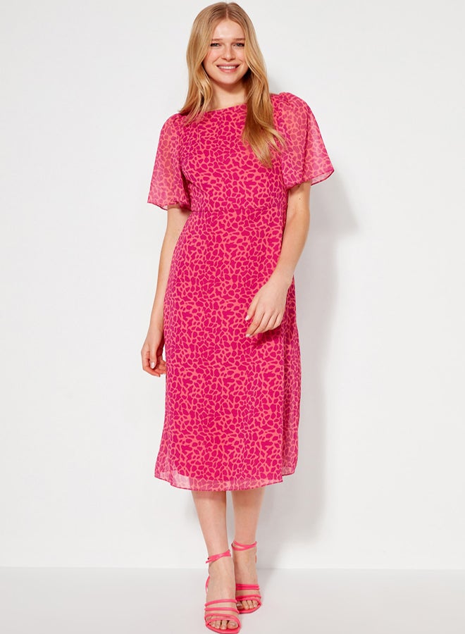 trendyol Fuchsia Animal Patterned A-Line Angel Sleeve Lined Chiffon Flowing Woven Midi Dress - Image 2