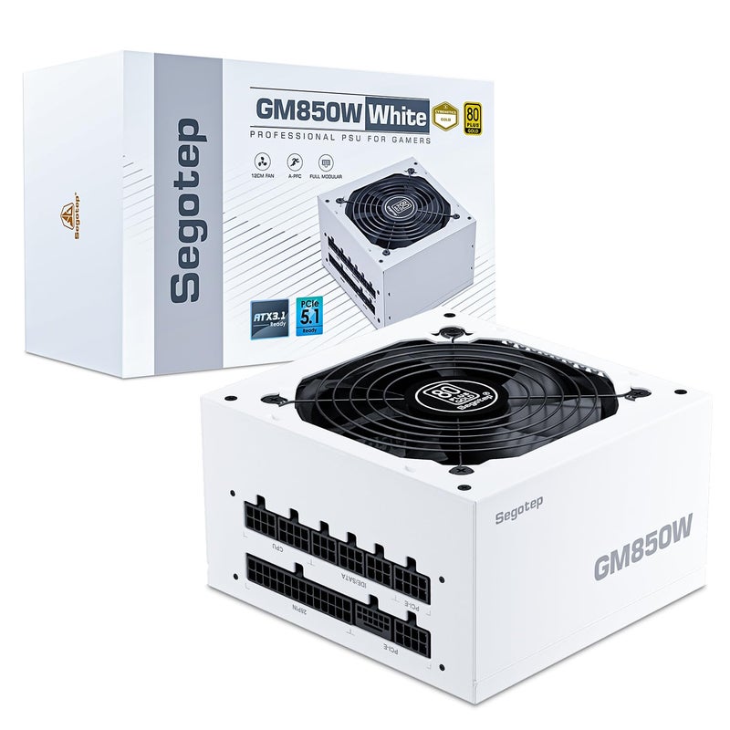 Segotep GM850 White Power Supply 850W, PCIe 5.1 & ATX 3.1 Full Modular 80 Plus Gold PSU for NVIDIA RTX 40/50 Series and AMD Graphics Cards, Japanese 105°C Capacitor - Image 1