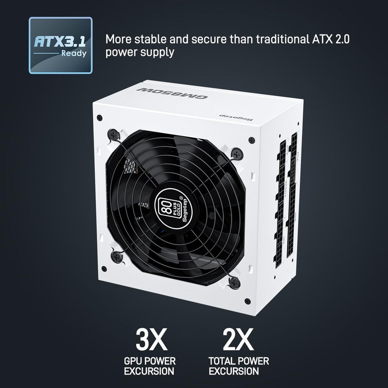 Segotep GM850 White Power Supply 850W, PCIe 5.1 & ATX 3.1 Full Modular 80 Plus Gold PSU for NVIDIA RTX 40/50 Series and AMD Graphics Cards, Japanese 105°C Capacitor - Image 3