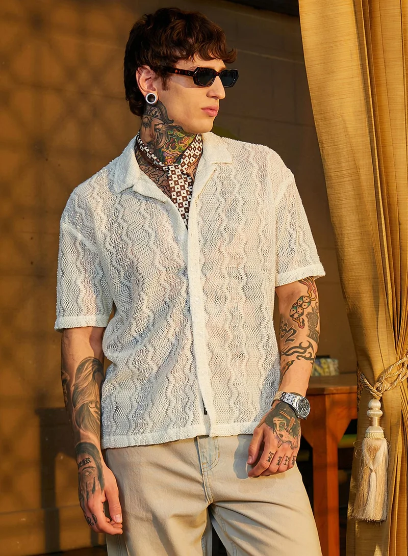 Campus Sutra Campus Sutra Men's Cream White Swirl Open-Knit Resort Shirt For Casual Wear | Cuban Collar | Short Regular Sleeves | Button Closure | Oversized Shirt Crafted With Comfort Fit For Everyday Wear