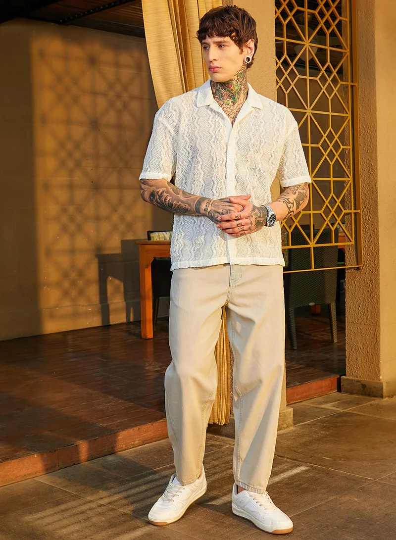 Campus Sutra Campus Sutra Men's Cream White Swirl Open-Knit Resort Shirt For Casual Wear | Cuban Collar | Short Regular Sleeves | Button Closure | Oversized Shirt Crafted With Comfort Fit For Everyday Wear