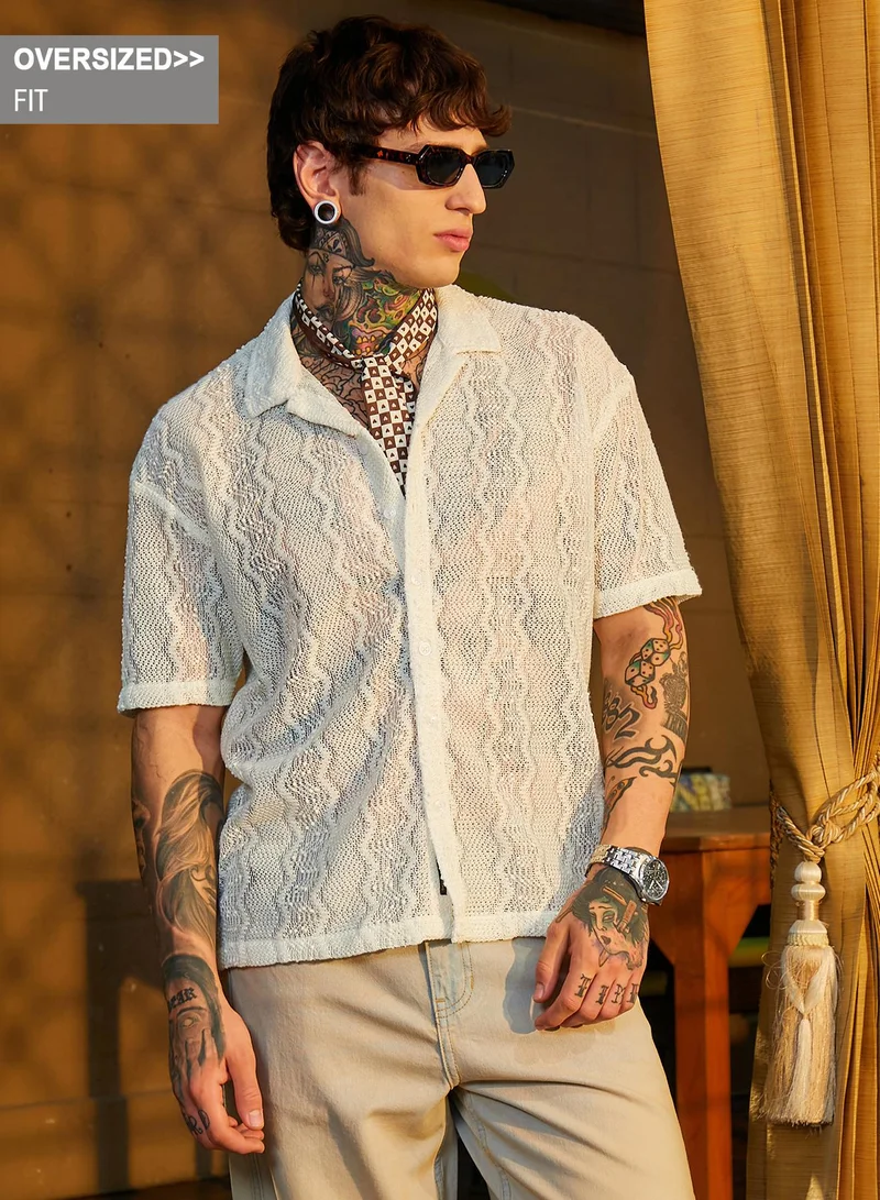 Campus Sutra Campus Sutra Men's Cream White Swirl Open-Knit Resort Shirt For Casual Wear | Cuban Collar | Short Regular Sleeves | Button Closure | Oversized Shirt Crafted With Comfort Fit For Everyday Wear