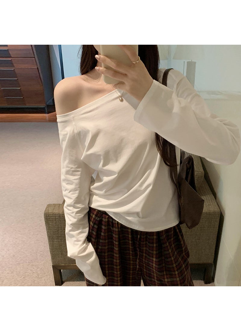 Generic - Womens Off-The-Shoulder T-Shirt New Style Early Autumn 2024 Inner Base Layer Top Beautiful Unique Real Photo Graph White - Image 1