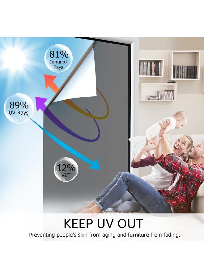 Hidbea  Window Tinting Film For Home, Daytime Privacy One Way Window Film Sun Blocking Static Cling Heat Control Reflective Window Film For Home And Office, Black Silver, 35.4 Inch X 8.3 Feet  - Image 1