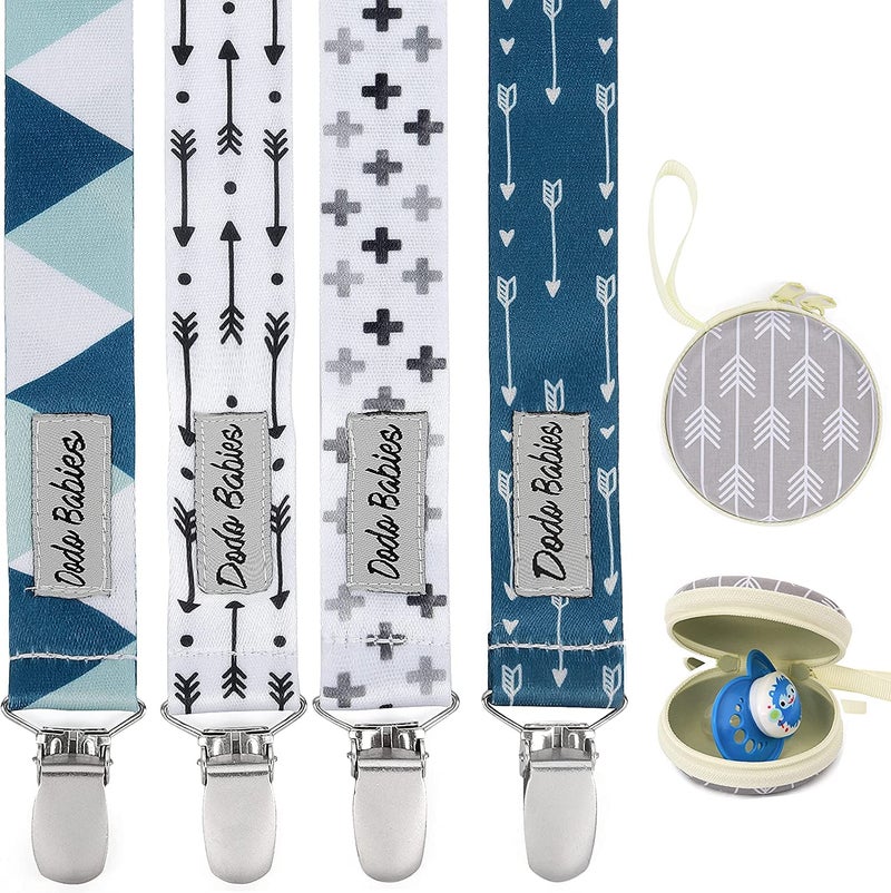 Dodo Babies Pacifier Clip Set Four Clips Plus Binky Case Universal Holder Fits Most Paci Brands Teether Toys and Car Seats Blue and Teal Prints for Girls or Boys Pacifier Holder