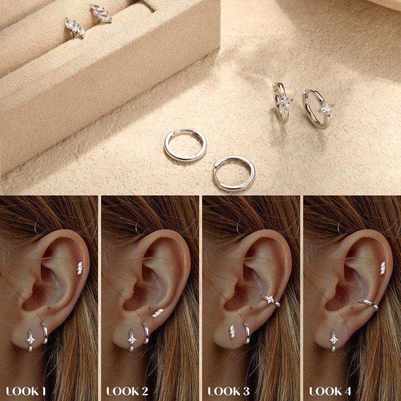 MILACOLATO 925 Sterling Silver Earrings for Women, Sterling Silver Filled Small Stud Huggie Hoop Earrings Sets for Multiple Piercing Hypoallergenic Jewelry, CZ Cartilage Earrings Stacks Trendy Jewelry Gifts, 3 Pairs-Leaf - Image 5