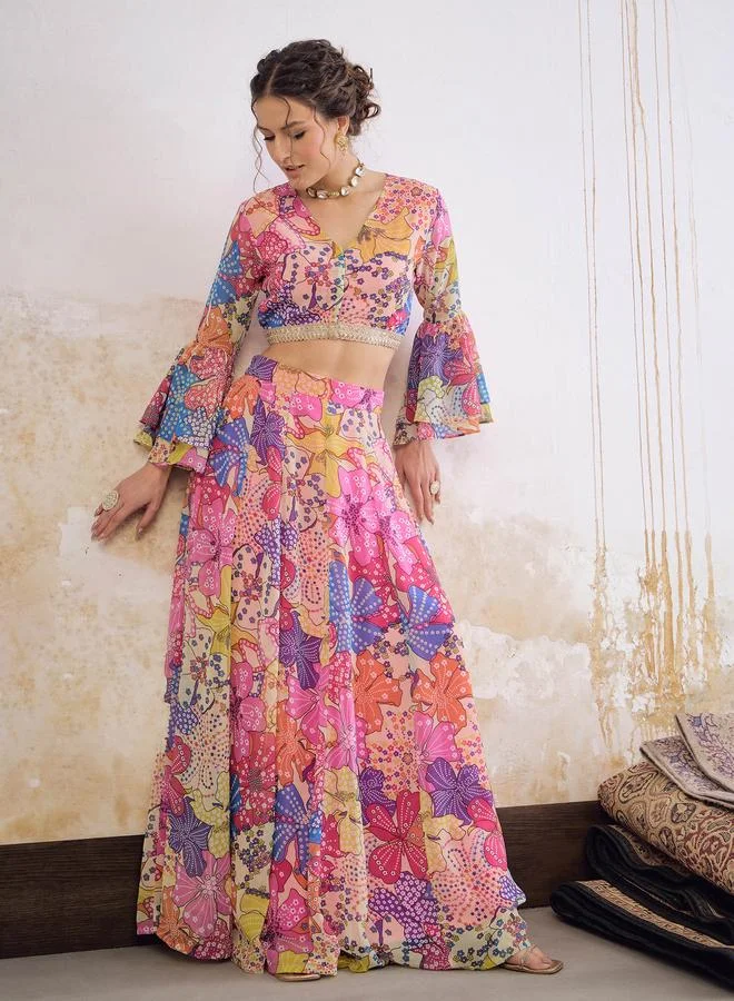 ساسافراس طقم بلوزة قصيرة بطباعة زهور وأكمام كشكش مع تنورة أناركلي