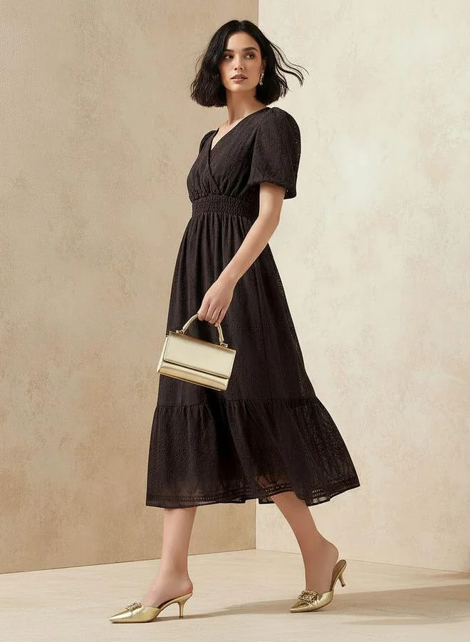 2Xtremz 2Xtremz Midi Dress with Puff Sleeves and Embroidery