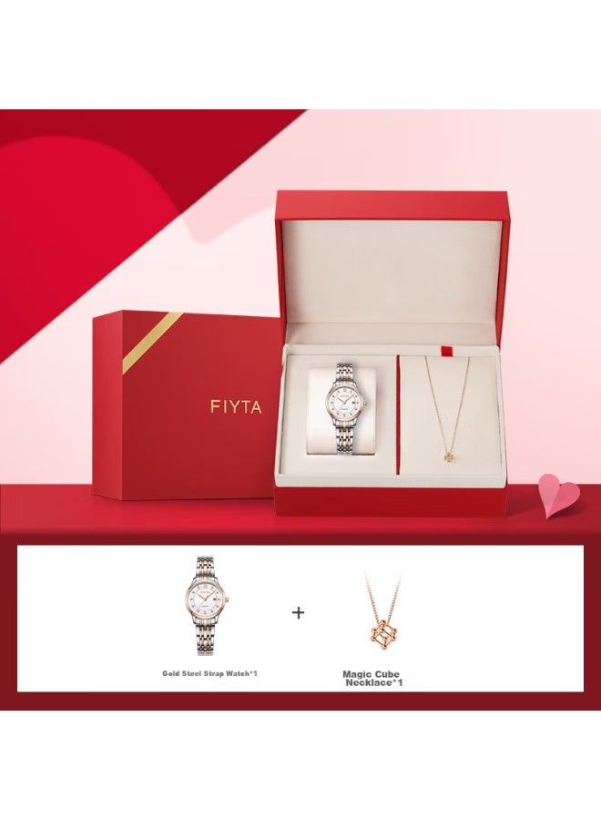 Fiyta Women's Watch, Classic Series, Quartz Calendar, White Dial With Gold Steel Band, Same As In-store Model, Holiday Gift For Wife - Image 1