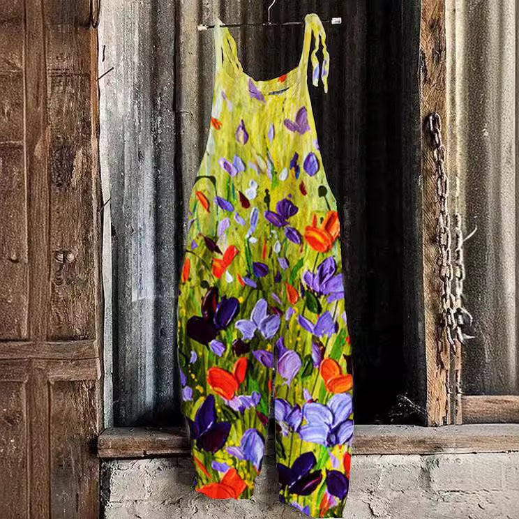 Bd Eaby Women'S Cotton And Linen Overalls Printed Suspenders Casual Jumpsuit Beach Pants - Image 4
