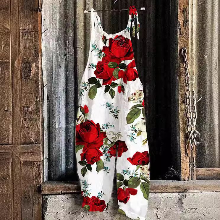 Bd Eaby Women'S Cotton And Linen Overalls Printed Suspenders Casual Jumpsuit Beach Pants - Image 3