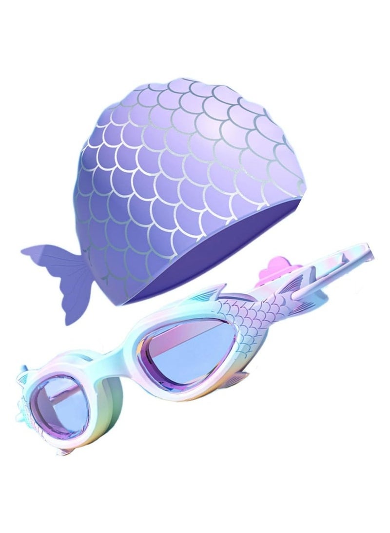 GIFT Kids Waterproof Swim Cap with Goggles Set, Cartoon Design Cloth Bathing Cap for Boys Girls Age 3-12  - Image 1