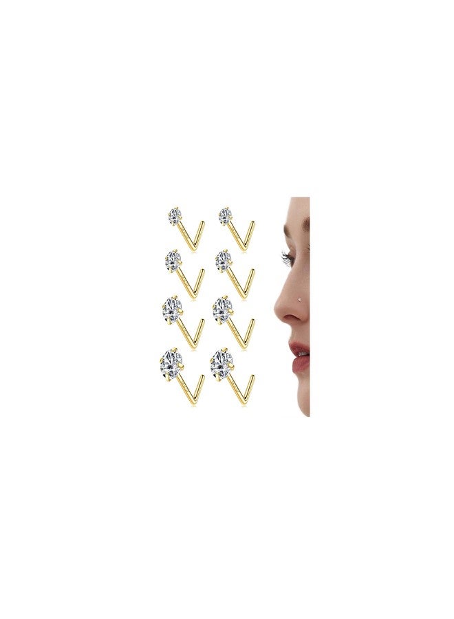 LOLIAS 14K Gold Filled Nose Studs 316L Surgical Steel Nose Rings Studs 6A Cubic Zirconia Corkscrew L Shaped Nose Piercing Hypoallergenic Nose Rings for Women Men 20G, 1.5/2/2.5/3mm-L shaped-8Pcs - Image 1
