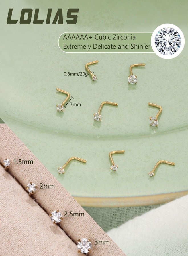 LOLIAS 14K Gold Filled Nose Studs 316L Surgical Steel Nose Rings Studs 6A Cubic Zirconia Corkscrew L Shaped Nose Piercing Hypoallergenic Nose Rings for Women Men 20G, 1.5/2/2.5/3mm-L shaped-8Pcs - Image 5