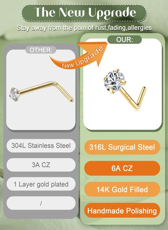 LOLIAS 14K Gold Filled Nose Studs 316L Surgical Steel Nose Rings Studs 6A Cubic Zirconia Corkscrew L Shaped Nose Piercing Hypoallergenic Nose Rings for Women Men 20G, 1.5/2/2.5/3mm-L shaped-8Pcs - Image 3