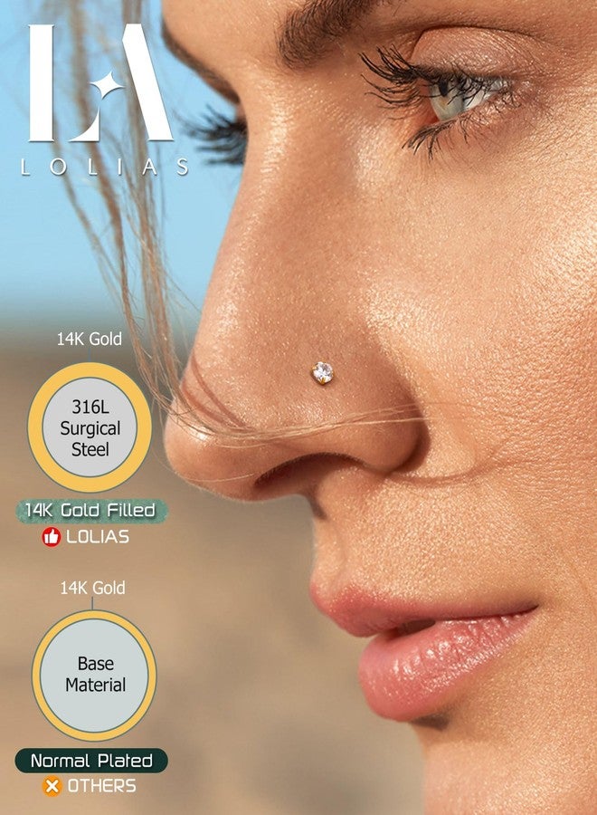 LOLIAS 14K Gold Filled Nose Studs 316L Surgical Steel Nose Rings Studs 6A Cubic Zirconia Corkscrew L Shaped Nose Piercing Hypoallergenic Nose Rings for Women Men 20G, 1.5/2/2.5/3mm-L shaped-8Pcs - Image 2