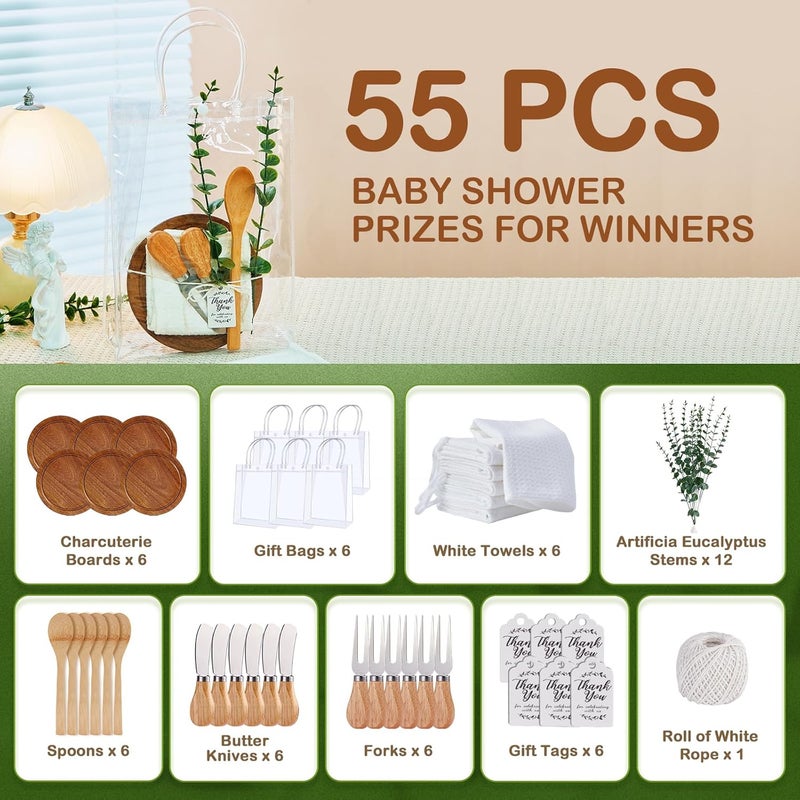 Rigibright 55Pcs Baby Shower Prizes for Game Winners 6 Sets Cheese Board Spoon Fork Butter Spreaders Plaid Towel Thank You Card and Gift Bags for Baby Shower Wedding Bridal Shower Favors (Round Shaped) - Image 2