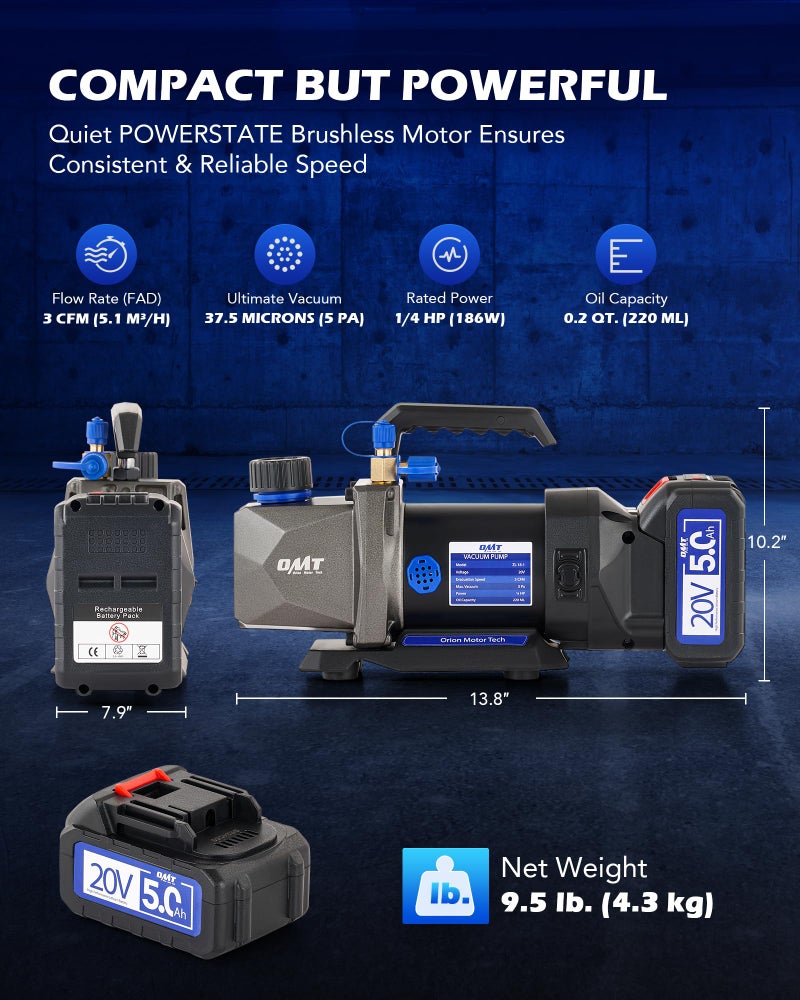 Orion Motor Tech Cordless Lithium-Ion HVAC Vacuum Pump, 3 cfm Vacuum Pump, Battery-Powered Auto AC Vacuum Pump for R134a R410a R1234yf Systems, 1/4hp Single Stage Vacuum Pump Automotive - Image 3