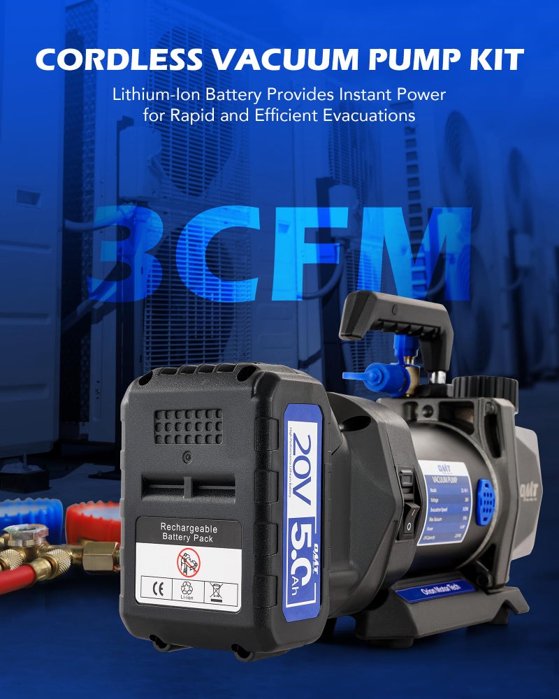 Orion Motor Tech Cordless Lithium-Ion HVAC Vacuum Pump, 3 cfm Vacuum Pump, Battery-Powered Auto AC Vacuum Pump for R134a R410a R1234yf Systems, 1/4hp Single Stage Vacuum Pump Automotive - Image 2