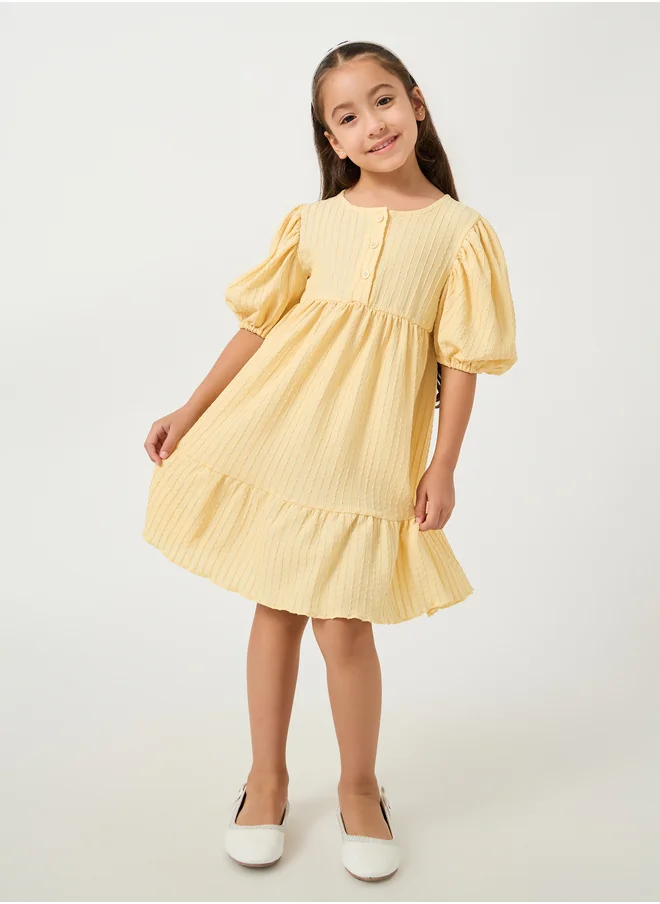 Styli Textured Puff Sleeves Dress with Half-Button Placket