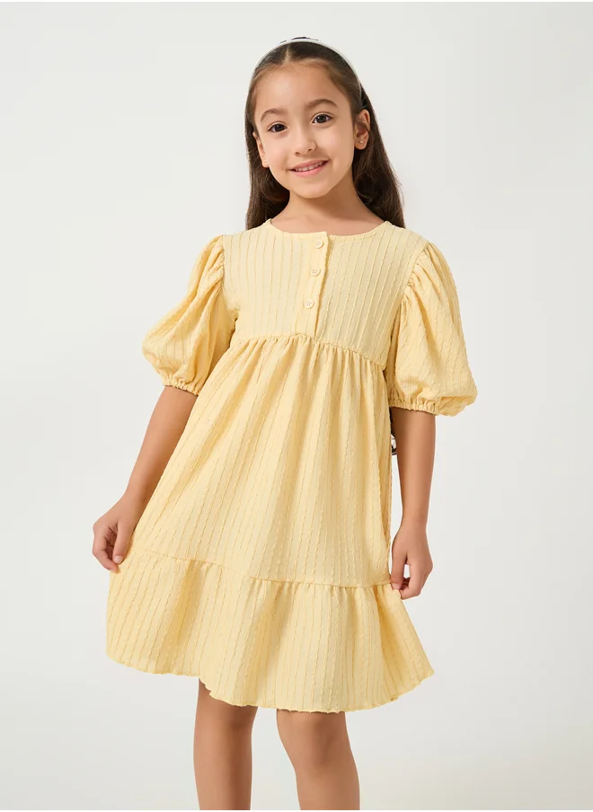 Styli Textured Puff Sleeves Dress with Half-Button Placket