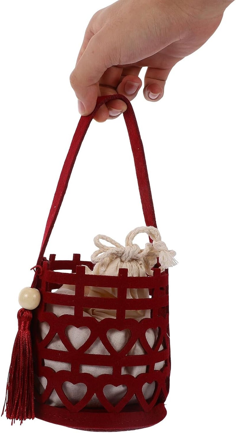 PRETYZOOM Chinese Style Double Happiness Wedding Favor Box with Handle, Red Felt Candy Case with Inner Bag and Tassel for Valentine’s Day Party and Wedding Packaging - Image 4