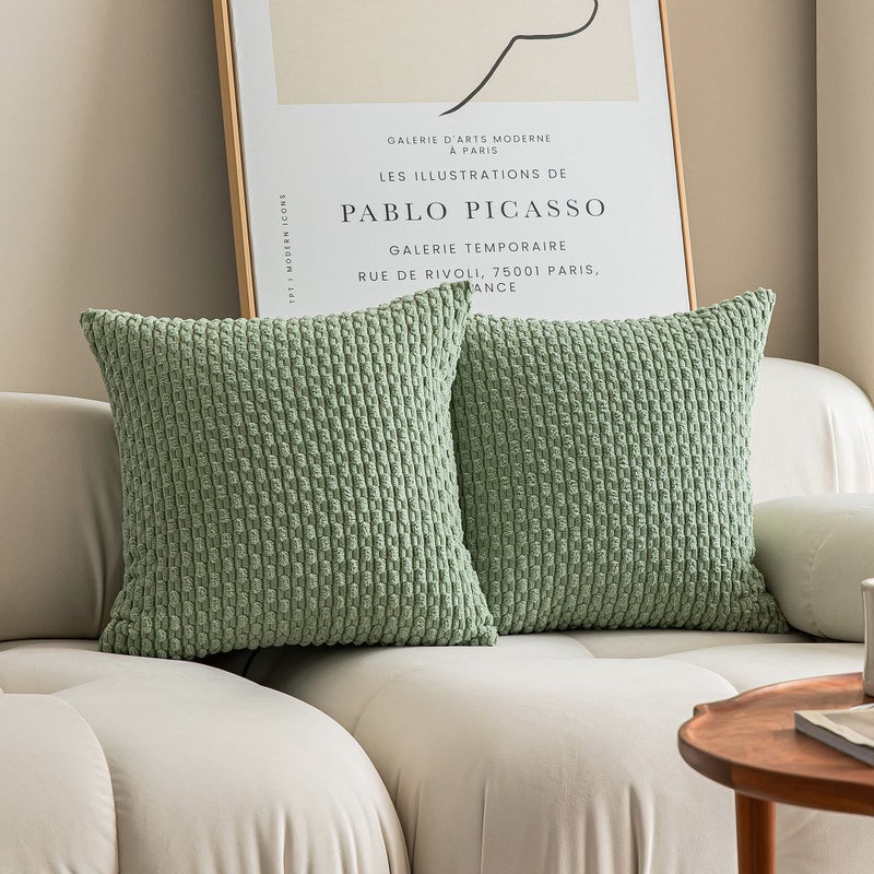 K KEVIN TEXTILE Kevin Textile 2 Packs Sage Green Euro Farmhouse Decorative Throw Pillow Covers 26x26 Inch for Living Room Couch Bed Sofa Rustic Boho Home Decor Soft Striped Corduroy Square Cushion Case 66x66 cm  - Image 1