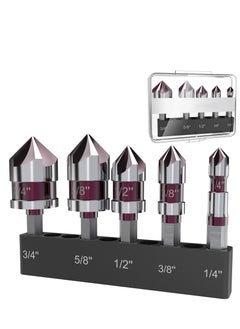 SYOSI 5 Pieces Countersink Drill Bit Set, 1/4'' Hex Shank Carbide 5 Flute 82 Degree 1/4'' 3/8'' 1/2'' 5/8'' 3/4'' Quick Change Drill Bit, M35 Cobalt Countersunk Bits with Bit Holder for Metal Wood Plastic  - Image 1