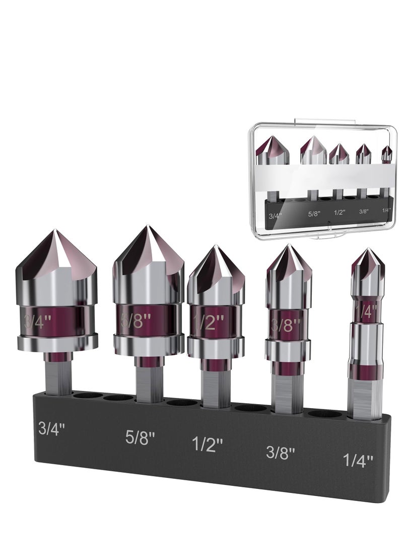 SYOSI - 5 Pieces Countersink Drill Bit Set, 1/4'' Hex Shank Carbide 5 Flute 82 Degree 1/4'' 3/8'' 1/2'' 5/8'' 3/4'' Quick Change Drill Bit, M35 Cobalt Countersunk Bits with Bit Holder for Metal Wood Plastic - Image 1