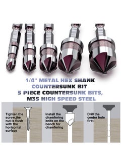 SYOSI 5 Pieces Countersink Drill Bit Set, 1/4'' Hex Shank Carbide 5 Flute 82 Degree 1/4'' 3/8'' 1/2'' 5/8'' 3/4'' Quick Change Drill Bit, M35 Cobalt Countersunk Bits with Bit Holder for Metal Wood Plastic  - Image 4