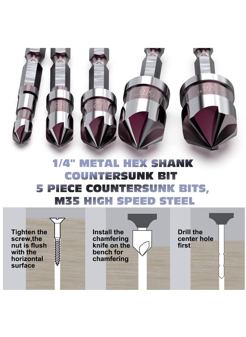 SYOSI - 5 Pieces Countersink Drill Bit Set, 1/4'' Hex Shank Carbide 5 Flute 82 Degree 1/4'' 3/8'' 1/2'' 5/8'' 3/4'' Quick Change Drill Bit, M35 Cobalt Countersunk Bits with Bit Holder for Metal Wood Plastic - Image 1