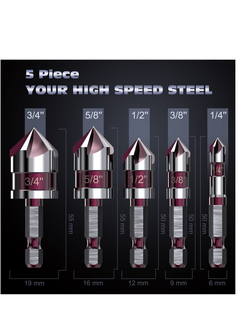 SYOSI - 5 Pieces Countersink Drill Bit Set, 1/4'' Hex Shank Carbide 5 Flute 82 Degree 1/4'' 3/8'' 1/2'' 5/8'' 3/4'' Quick Change Drill Bit, M35 Cobalt Countersunk Bits with Bit Holder for Metal Wood Plastic - Image 1