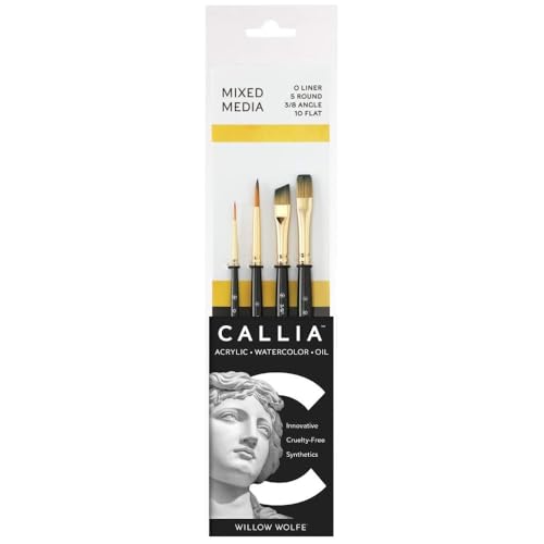 Willow Wolfe CALLIA™ Series 1200 All Media Starter Set #100 – 4-Piece Vegan Synthetic Brush Set (Liner 0, Round 5, Angle 3/8″, Flat 10) for Acrylic, Oil & Watercolor - Image 3