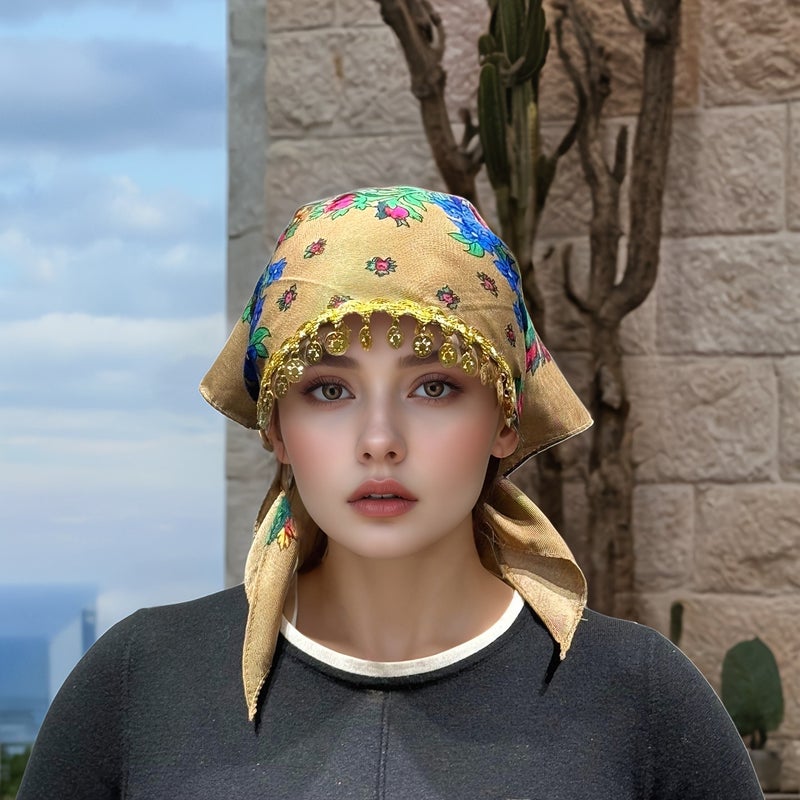 حجاب بتصميم زهور الفاوانيا الأنيق مع إكسسوارات لامعة ذهبية فاخرة - قابل للتنفس، واقٍ من الغبار، خفيف الوزن لفصل الصيف للنساء - Image 1