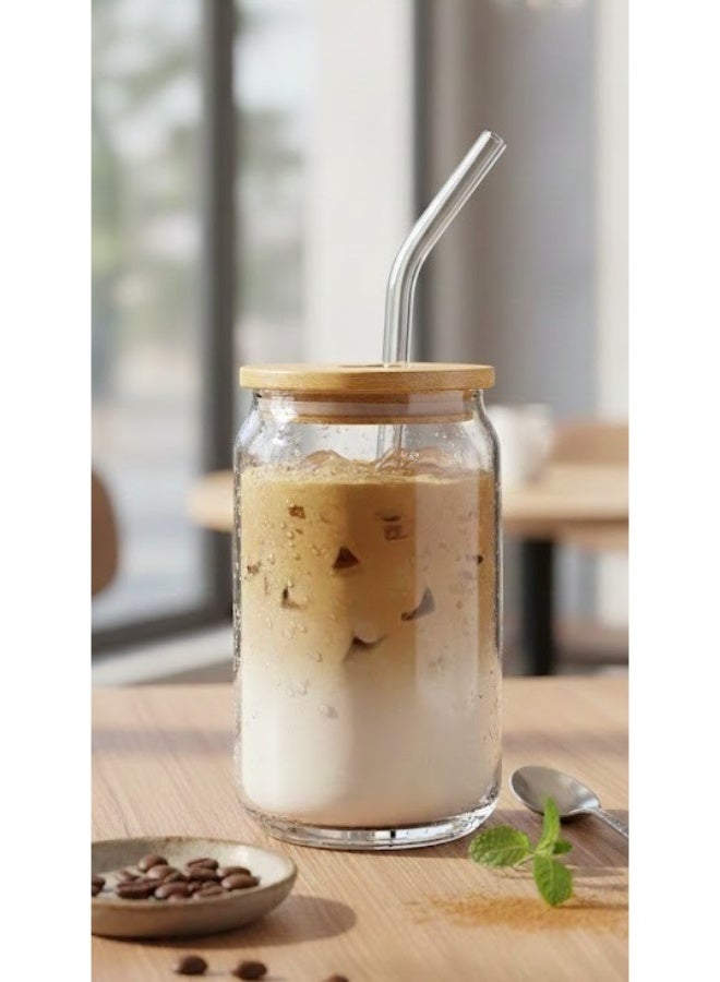 زوبا كوب زجاجي مع ماصة للمشروبات الباردة والعصائر بغطاء خشب 600 مل - شفاف - Image 5